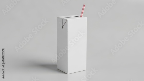 Blank white juice box standing upright with a red straw on a clean, light gray background Wallpaper Background image