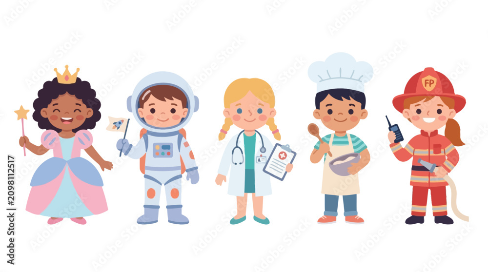 Fototapeta premium Diverse group of children dressed in various costumes representing different professions and characters, smiling and standing
