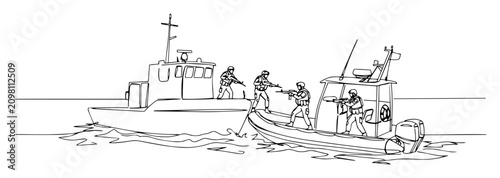 Fotografía naval boarding team intercepting enemy boat contemporary single line art in abst