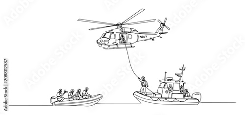 navy helicopter and boats in marine rescue continuous line art illustration minimalist black sketch on white background