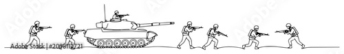 Fotografie tank advancing with infantry support continuous line drawing style