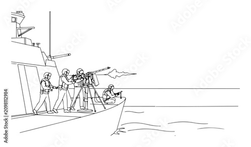 Cuadro en lienzo naval soldiers firing from deck cannon digital monochrome lineart