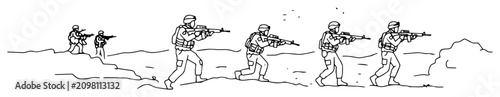 Fotografi infantry advancing through rugged terrain elegant contour illustration