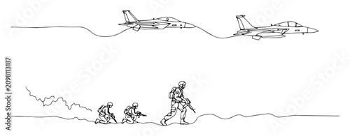 Canvastavla fighter jets flying above advancing soldiers elegant lineart composition
