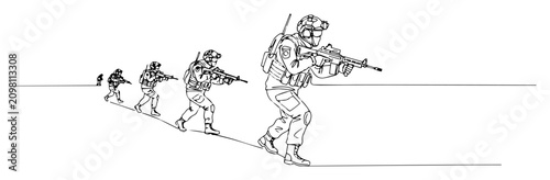 Bild auf Leinwand infantry squad advancing in combat line vector monoline shape outline