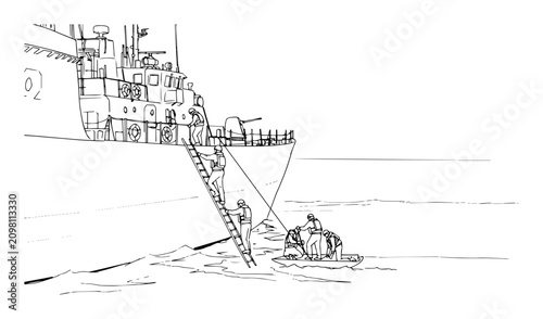 Bild auf Leinwand naval personnel disembarking via ladder into raft vector monoline shape outline