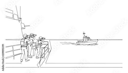 Foto naval crew observing patrol boat approach vector monoline shape outline