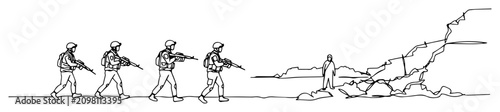 Fotografi soldiers capturing hostile in rocky area vector monoline shape outline