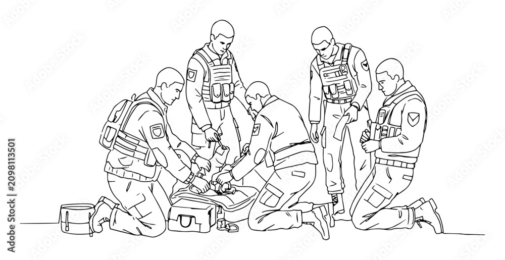 Obraz premium soldiers providing emergency field treatment monoline vector outline