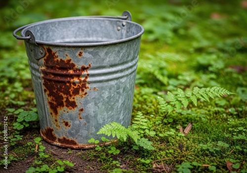 An old galvanized steel pail resting on damp soil surrounded by vibrant green moss and foliage, symbolizing slow decomposition and outdoor work, texture, water, environment