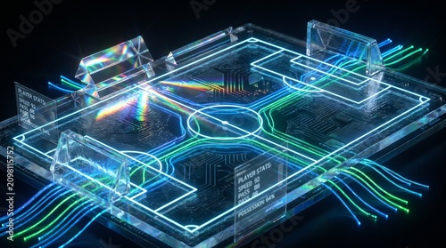 Neon glowing digital soccer field with data lines on a black background