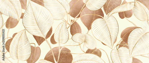 Botanical art background with brown and white leaves and gold line art elements. A natural pattern for wallpaper, banners, textiles, packaging, prints, and interior design.