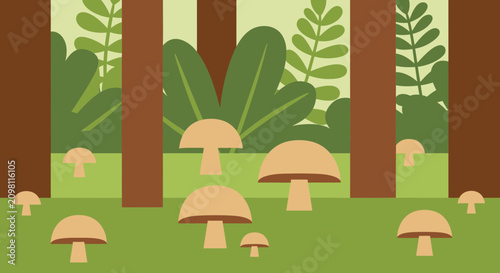 Obraz na plátne Forest Scene With Mushrooms And Trees Flat Vector Illustration