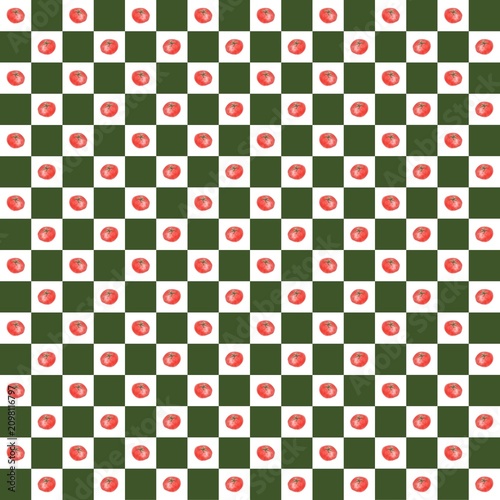 seamless pattern with tomatoes and green squares, chess field, retro kitchen print, children print, vegetable print for fabric, wrapping paper, cloth