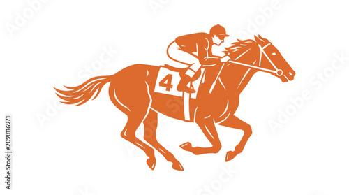 A flat orange vector illustration of a jockey riding a fast racing horse in competition
