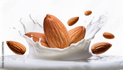 almonds splashing into milk creating a dynamic frozen motion splash of white liquid with whole nuts flying out isolated on white background