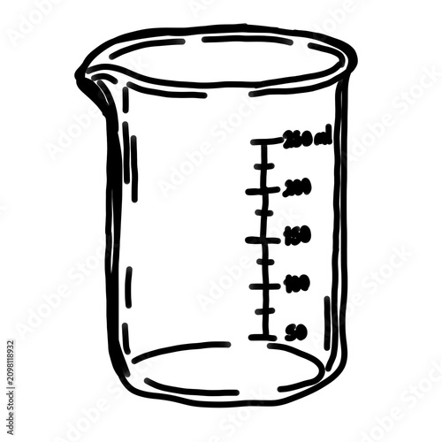 Hand Drawn Laboratory Beaker Glass Container Outline Icon.Minimal hand drawn laboratory beaker illustration with measurement markings. Simple black outline scientific glassware icon isolated on white 