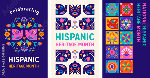 National Hispanic heritage month celebration posters background. Colorful vector illustration with traditional birds and flowers folk pattern.