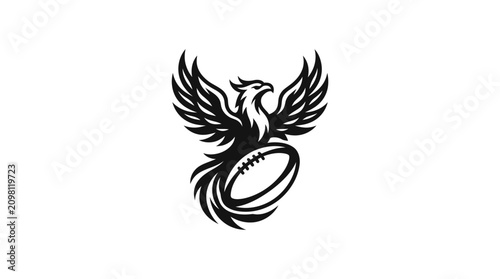 Curved phoenix mascot holding a rugby ball.