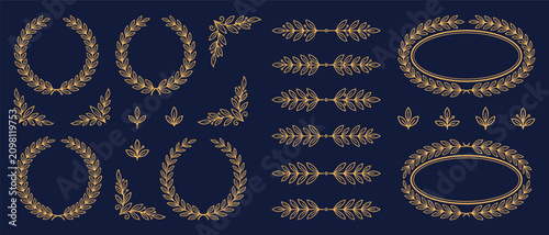 Gold laurel wreath vector set leaf branch divider for award and certificate design
