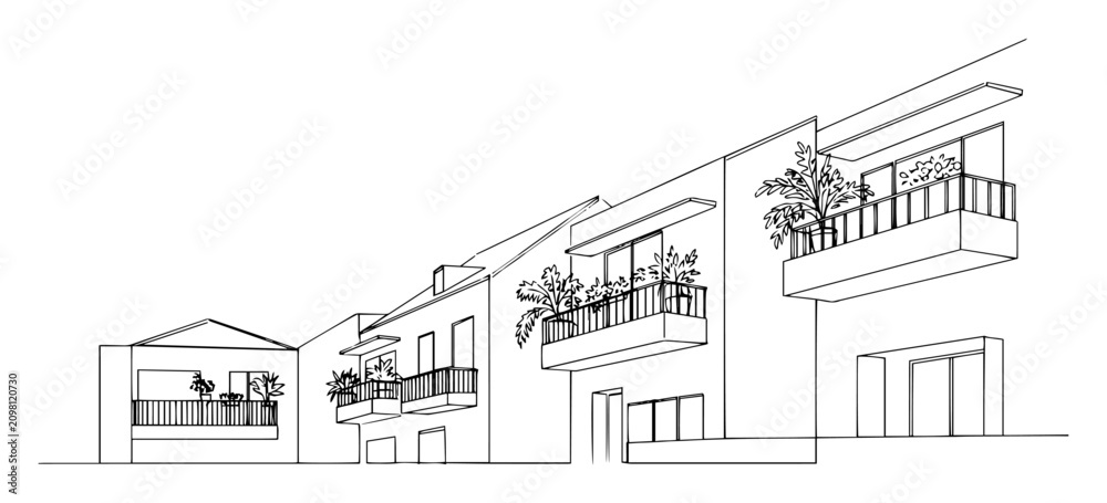Fototapeta premium Modern building facades with balconies minimalist architectural outline