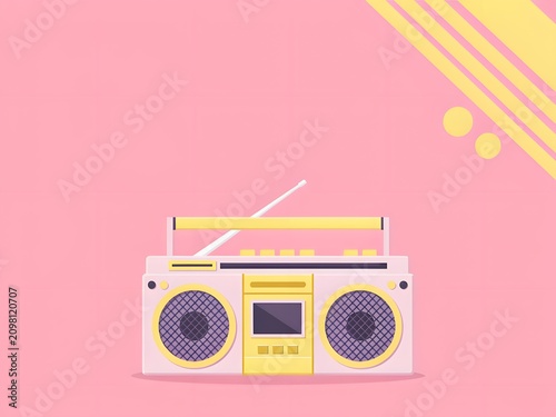 Retro boombox music player for 80s and 90s entertainment concept, flat vector illustration