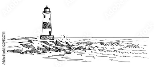 Hand drawn lighthouse with rocks and waves monochrome nautical sketch