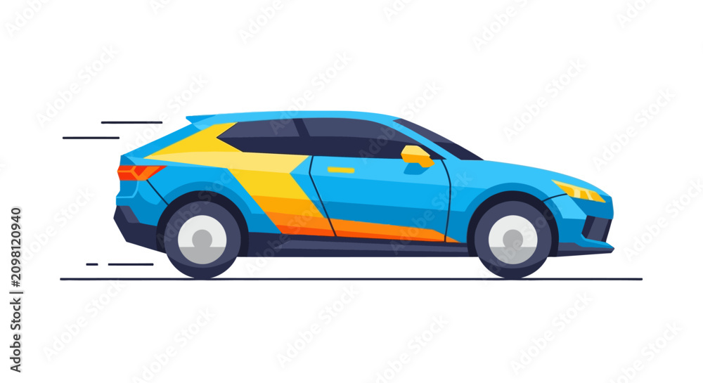 Fototapeta premium Blue and yellow sports car side view.