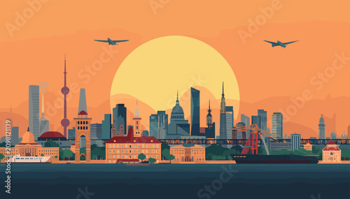 фотографія A vibrant cityscape at sunset, featuring a sprawling skyline with diverse architecture, ships on the water, and planes in the sky