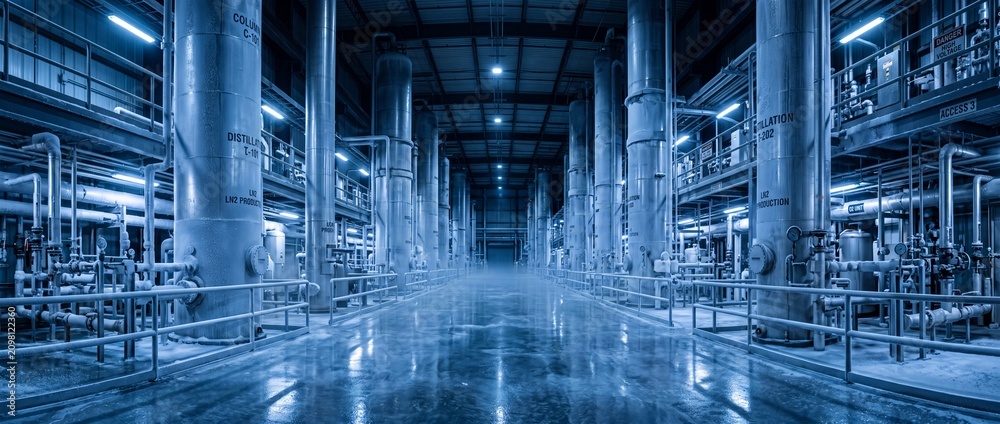 Obraz premium Deep industrial processing plant interior with tall distillation columns and extensive pipework illuminated by cool blue lights, heavy industry setting