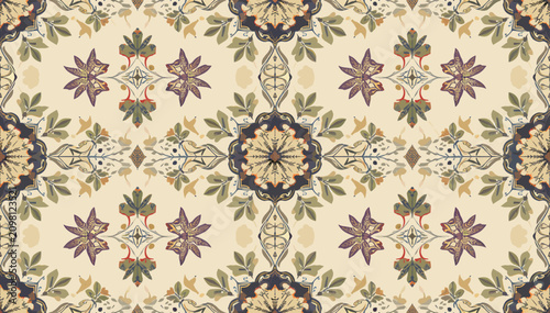 Canvastavla Intricate vintage floral and geometric repeating pattern with muted earthy tones on a light background