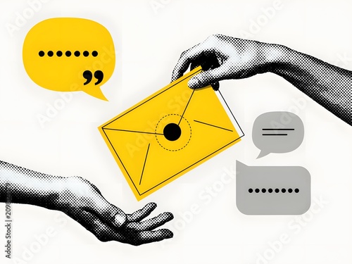Email communication and message exchange with hands, envelope, and speech bubbles, flat textured illustration