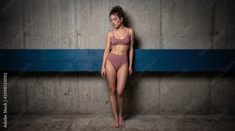 Fototapeta premium Young Woman in Dusty Rose Bikini Standing Full Body on Blue Painted Wooden Beam Against Gray Concrete Wall — Urban Studio Swimwear Editorial