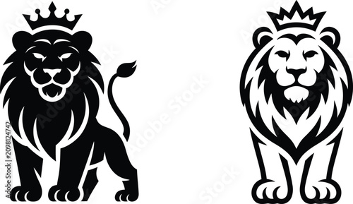 Photos Two regal lions standing with crowns on transparent background