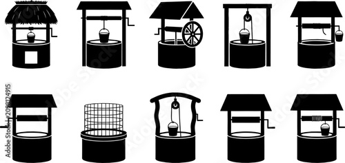 Photos Collection of traditional black silhouette water well icons with buckets and woo