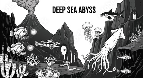 Photos Deep Sea Abyss Vector Illustration Design Featuring Mysterious Underwater Creatu
