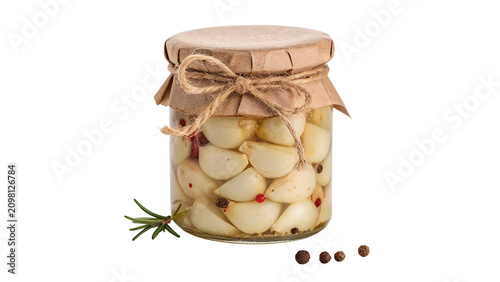 Obraz na plátně Glass jar of pickled white garlic bulbs homemade organic preserve ingredient iso