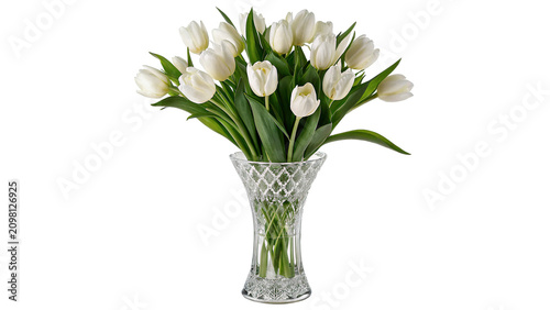 Fotografie Elegant bouquet of delicate white tulip flowers in clear glass vase isolated on