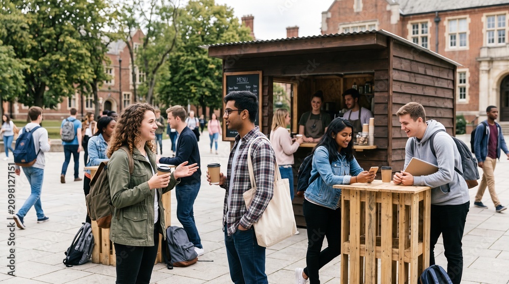 Fototapeta premium Diverse group of students socializing and enjoying coffee outside a campus kiosk on a sunny day