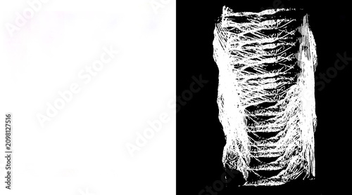 Abstract white fiber texture on black background, organic stringy web pattern, frayed fabric threads with alpha mask for design overlays