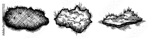 Foto Floating earth patches with grass, hand drawn isometric soil islands set, rustic