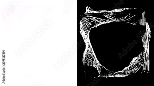 Foto Crumpled plastic wrap texture on black background, transparent cling film overla