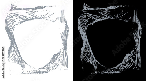 Photos Crumpled plastic wrap texture frame, transparent polyethylene film border on bla