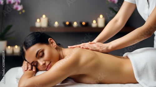Woman receiving back massage spa treatment with candles