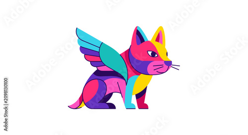 Colorful fantasy winged cat creature.