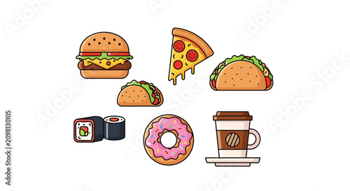 Colorful fast food and coffee icons.