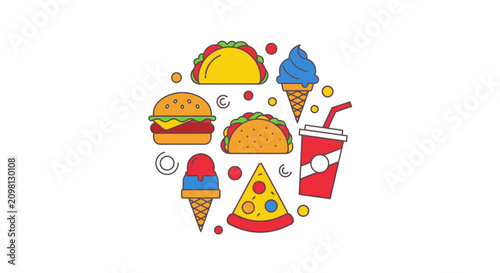 Colorful fast food and dessert icons.