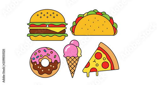 Colorful fast food and desserts.