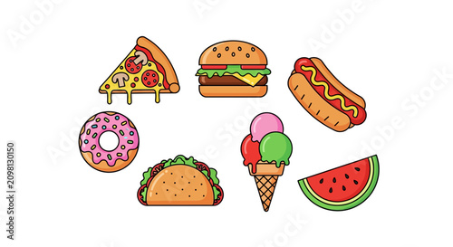 Colorful fast food and desserts.