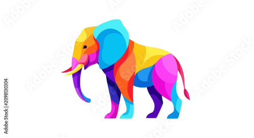 Colorful elephant with large ears standing.